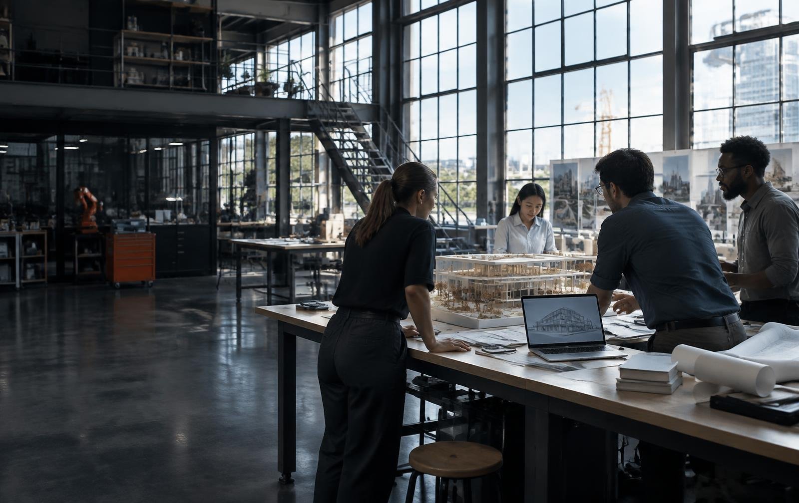 Engineering team collaborating around a building model in a modern studio